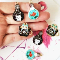 10pcs cartoon printed cup cat bulb fish metal pendants oil drop gold tone cats enamel charms diy earring jewelry accessories