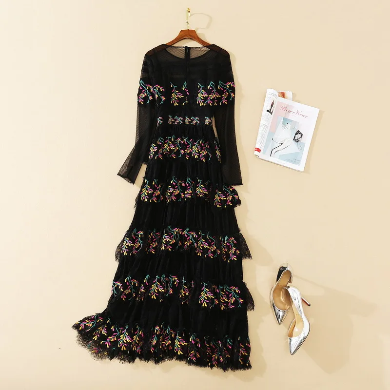 

09 2020 Autumn Free Shipping Dress Long Sleeve Embroidery Empire Fashion Flora Print Fashion Womens Clothes SH