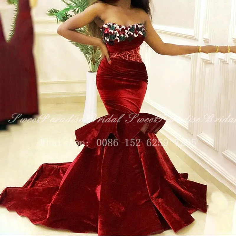 

2020 Red Velvet Evening Dress With Appliques Beads Strapless Women Long Tired Mermaid Prom Dresses Gown Vestidos De Fiesta