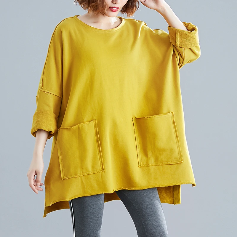 

Loose Women T-Shirts Solid Pocket O-Neck Casual Style Home Wear Female Pulls Tops Tees