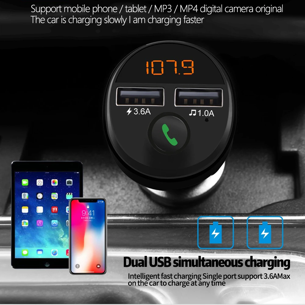 Автомобильное зарядное устройство USB, беспроводная гарнитура, Bluetooth 5,0, комплект, fm-передатчик, MP3 плеер, a, быстрая зарядка, двойное зарядное устройство USB, поддержка TF карты