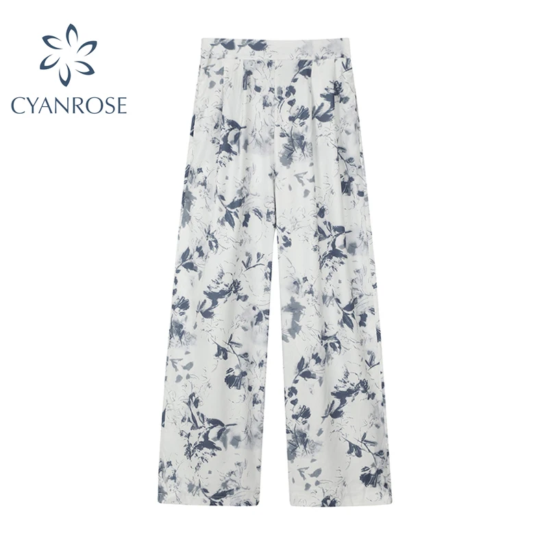 Женские широкие брюки с принтом повседневные длинные поясом на спине и широкими