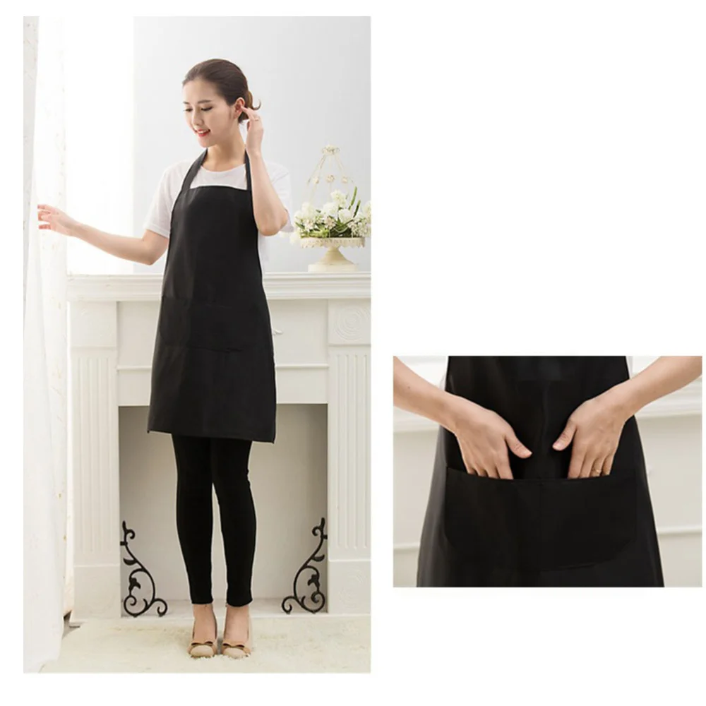 

2 Pockets Pure Color Neck Strap Bib Apron Waterproof Restaurant and Home Kitchen Apron 60x70cm (Black)