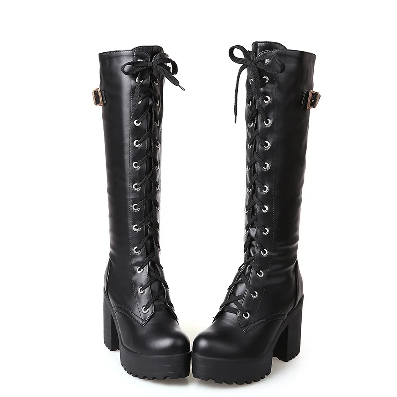 

Hot Sale Spring Autumn Lacing Knee High Boots Women Fashion White Square Heel Woman Leather Shoes Winter PU Large Size 43