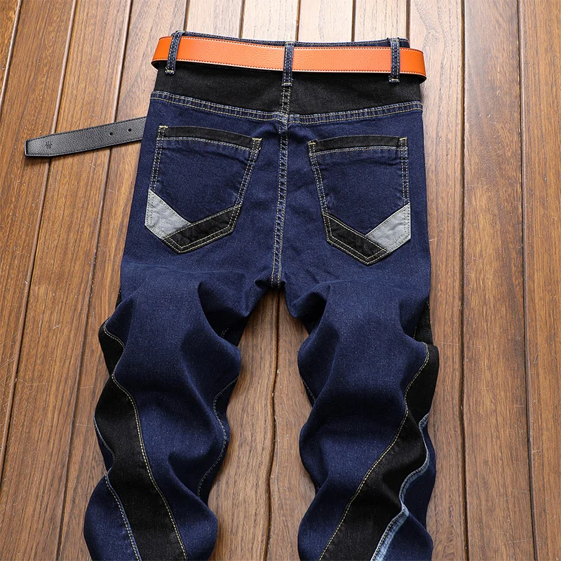 

2021 Men Fashion Patchwork Hip hop Slim Jeans Trousers Streetwear Male solid Casual Jogger Straight denim Pants
