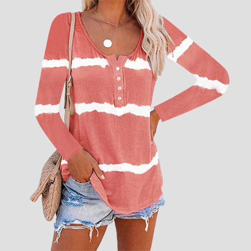 

Long Sleeve Female Plus Size 3XL Loose Tees Shirts Autumn Tops Tee O-Neck Women Clothes Button Stripe Solid Patchwork T Shirt