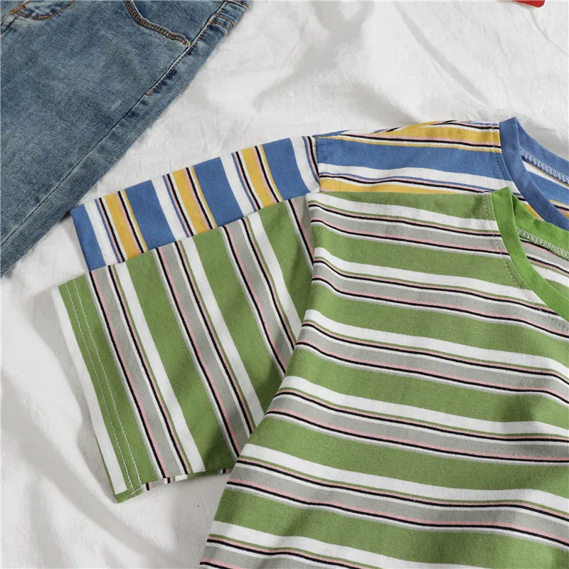 

2020 Summer O-Neck Rainbow stripes Women T shirts Loose Cotton Short sleeve feminina Green T Shirts Ladies New Blue Casual Tops