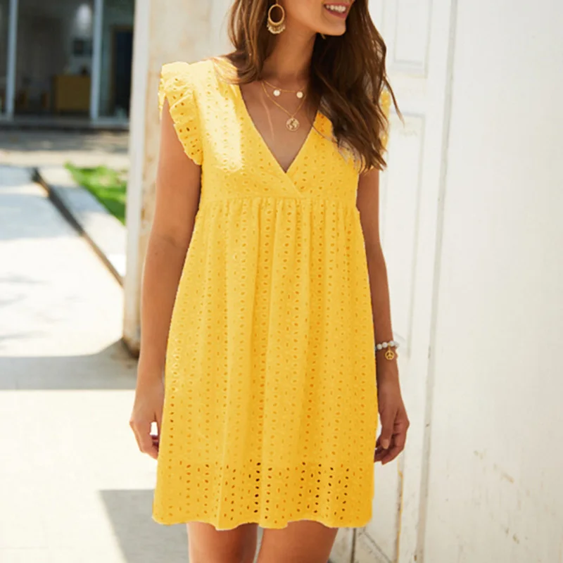 

Women Fashion Sexy V-Neck Mini Dress Lady Ruffle Sleeve Design Sweet Solid Dresses Summer Elegant Hollow Out Lace A-Line Dress