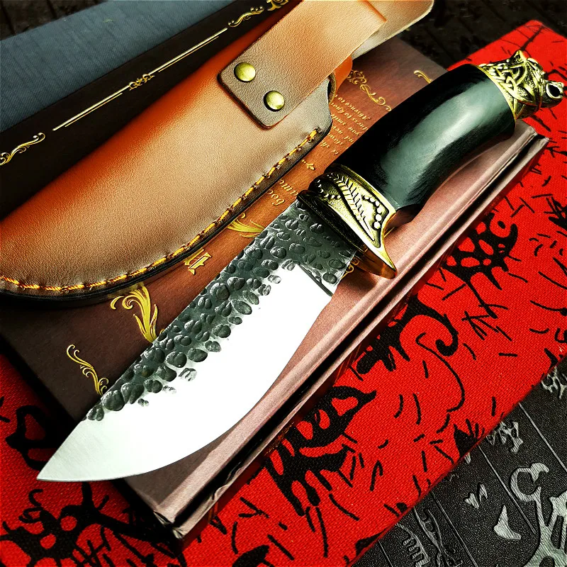 Охотничий нож прямой резец с черной деревянной ручкой и головой тигра для