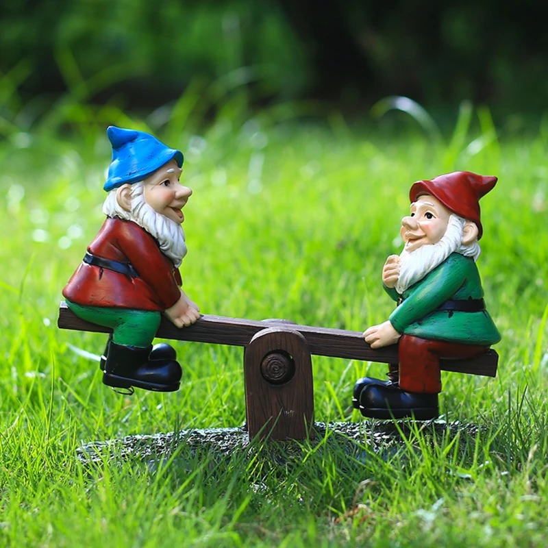 

Creative Gnome Dwarf Riding on Seesaw Statues Resin Ornament Funny Outdoor Fairy Garden Lawn Decoration Figurines Gifts
