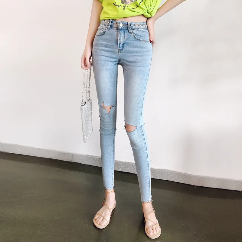 

Skinny Jeans Woman High Waist Ripped Stretchy Denim Little Feet Pants Fashion Blue Wash Nine points Pencil Pants