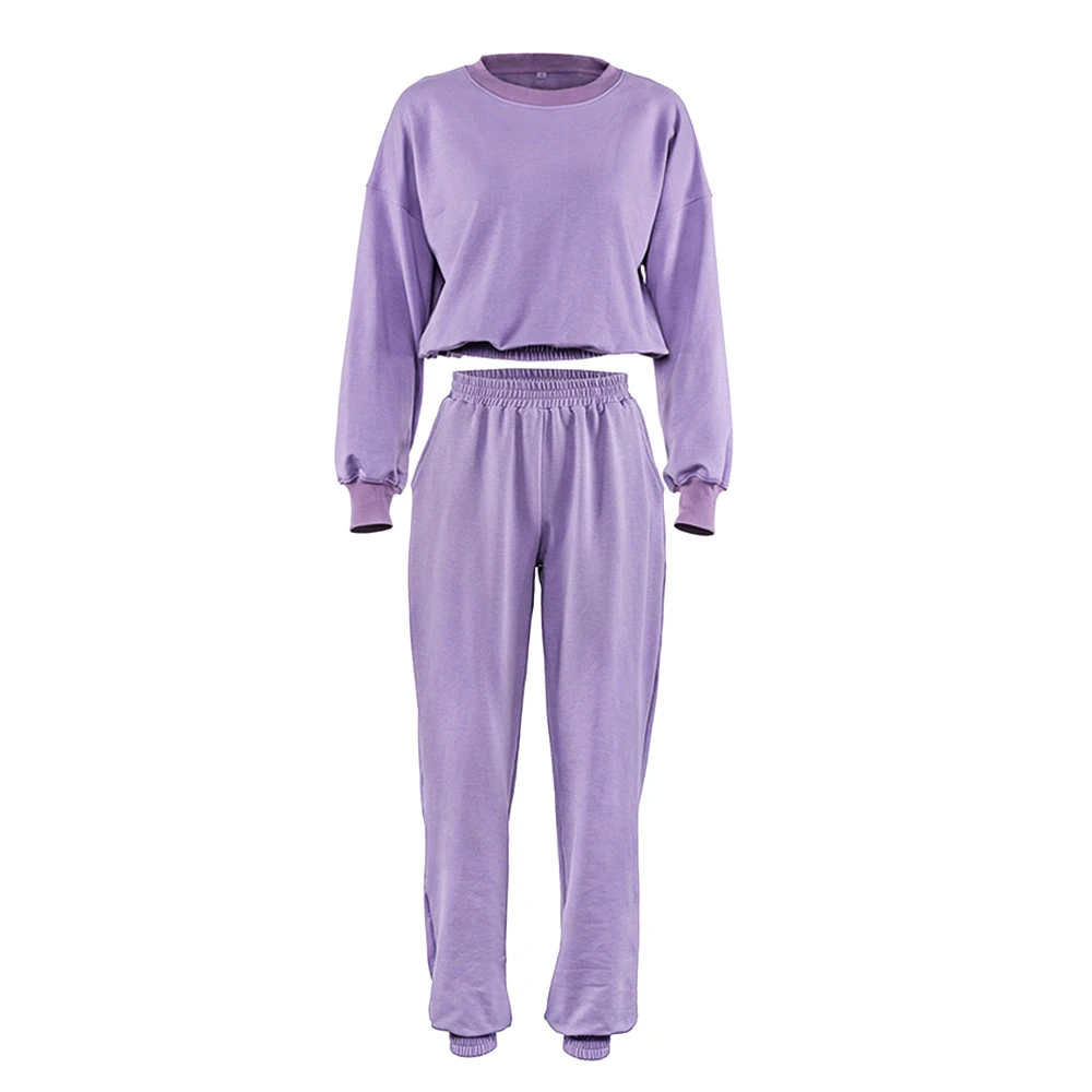 

Purple Cotton Two Piece Set Harajuku Tracksuit Women 2020 Loose Sweatshirt Long Sleeve Tops And Pants Casual Solid Sport Joggers
