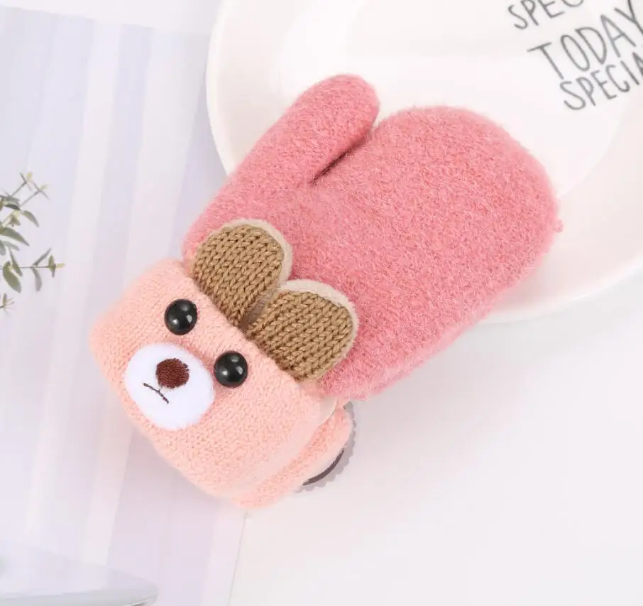 Милые детские перчатки с мультяшным медведем зимние вязаные шерстяные варежки