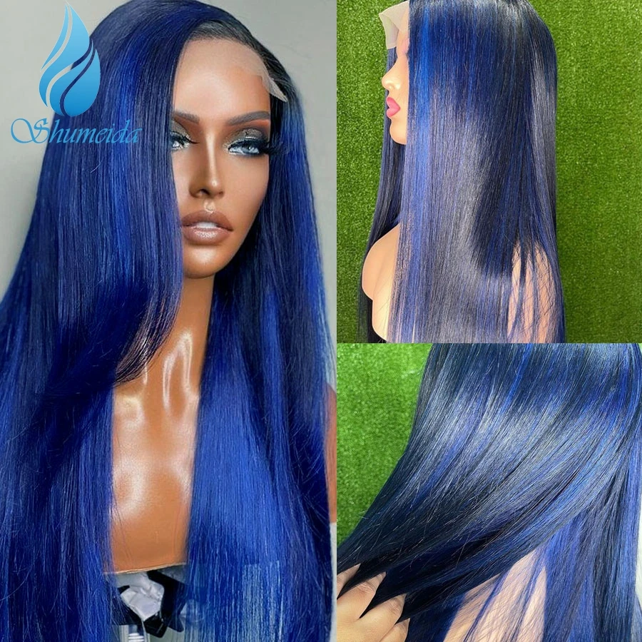 

Shumeida хайлайтер синий цвет 13*4 кружевной передний человеческий парик с детскими волосами бразильские волосы Реми Омбре прямые безклеевые 4*4 ...