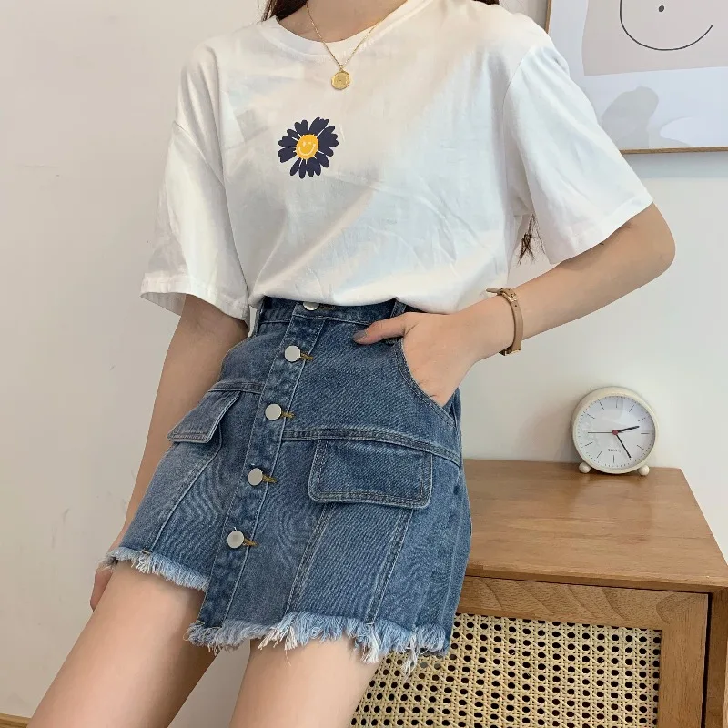 

Fake Two-Piece Jeans for Women 2021 Spring New Retro Slimming Frayed Shorts High Waist Student Wide Leg Culottes Fashion