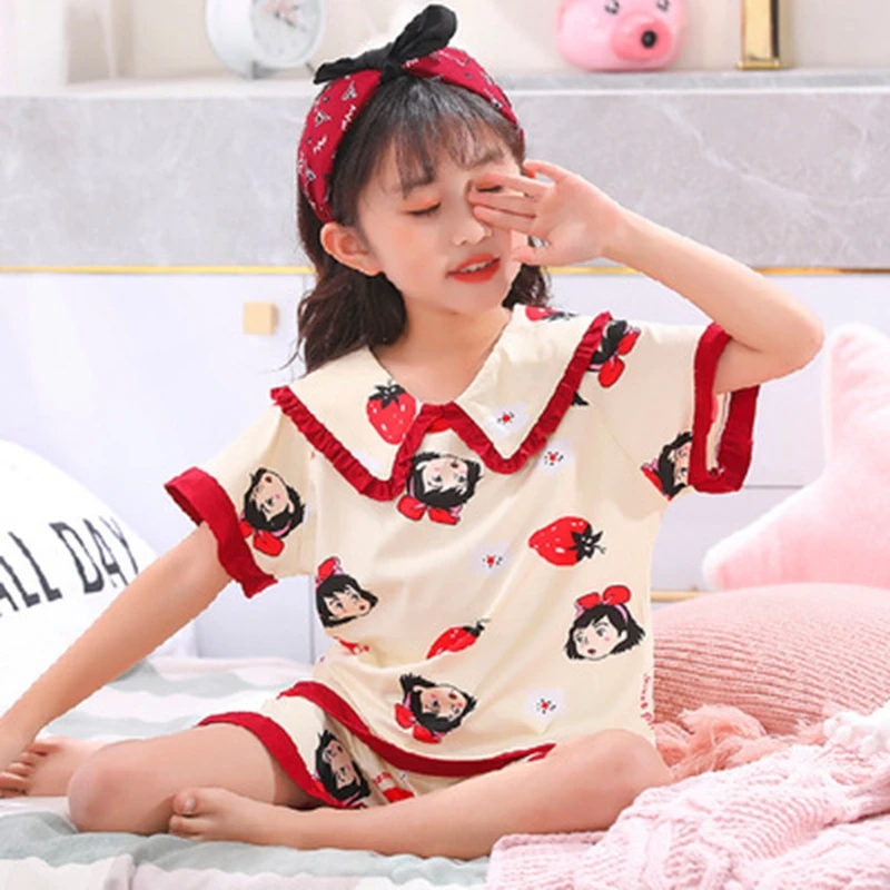 Хлопковые Пижамные комплекты для девочек лето 2021 детская одежда сна с коротким