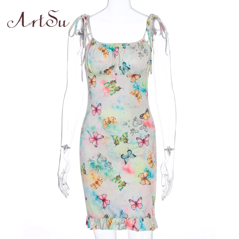 Женское облегающее мини-платье на бретельках с принтом бабочки | Женская одежда