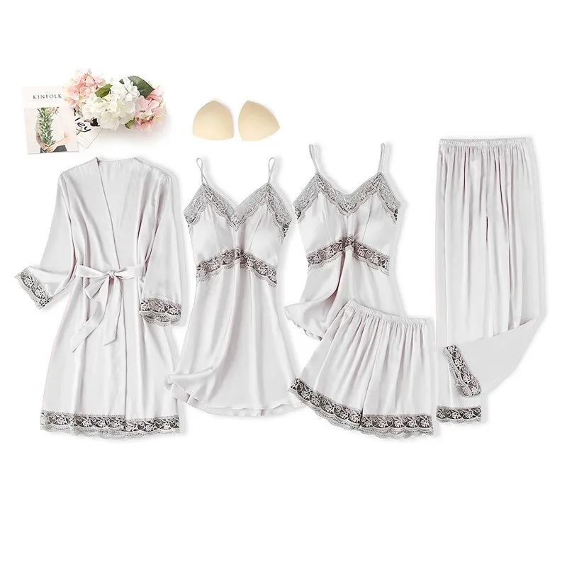 

Sexy Lace Pajamas Women Sleepwear PJS Suit Satin Kimono Bathrobe Gown Patchwork Lounge Wear Hollow Out Wedding Robe Home Wear