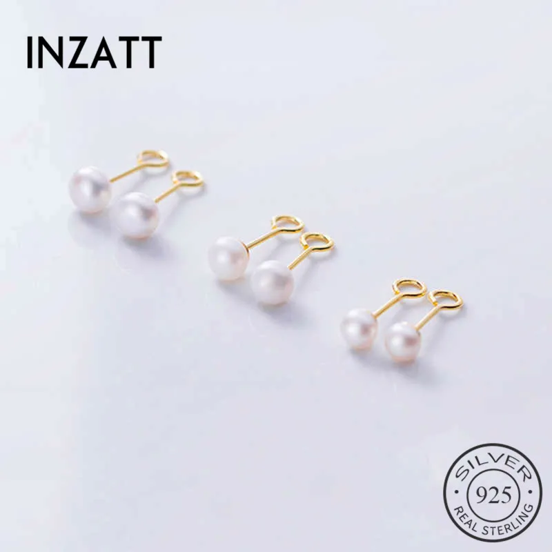 

INZATT Real 925 Sterling Silver Round Pearl Stud Earring For Fashion Women party Cute Fine Jewelry Minimalist Accessories Gift