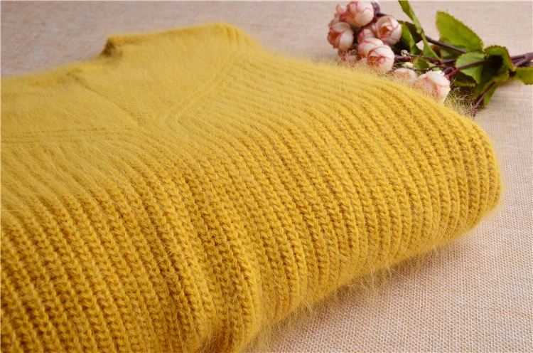 Зимняя одежда, Женский Однотонный свитер, женский короткий свитер с v-образным вырезом, рукава-фонарики, норка, кашемир, мех ангоры, кролик, вязаные пуловеры