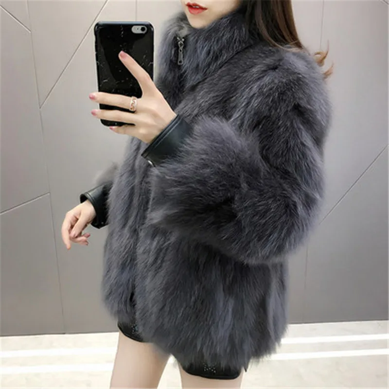 2019 new stand collar ladies fox fur coat large size fashion short leather fur female coat 873