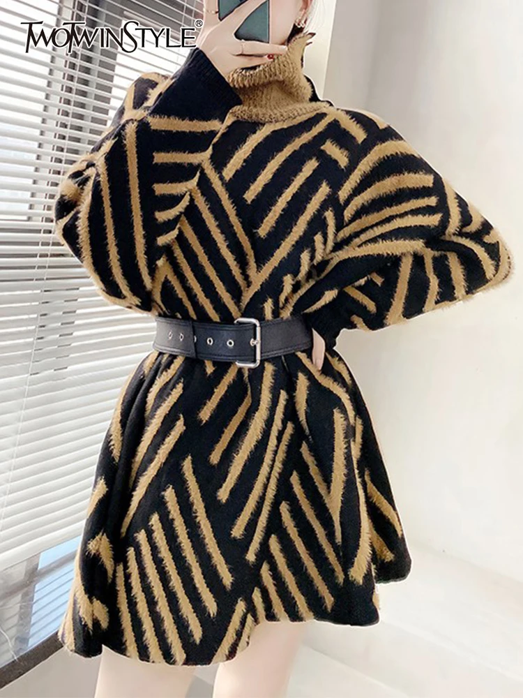 

TWOTWINSTYLE Knitted Striped Sweaters For Women Turtleneck Long Sleeves Loose High Waist Sashes Pullovers Female 2021 Winter New