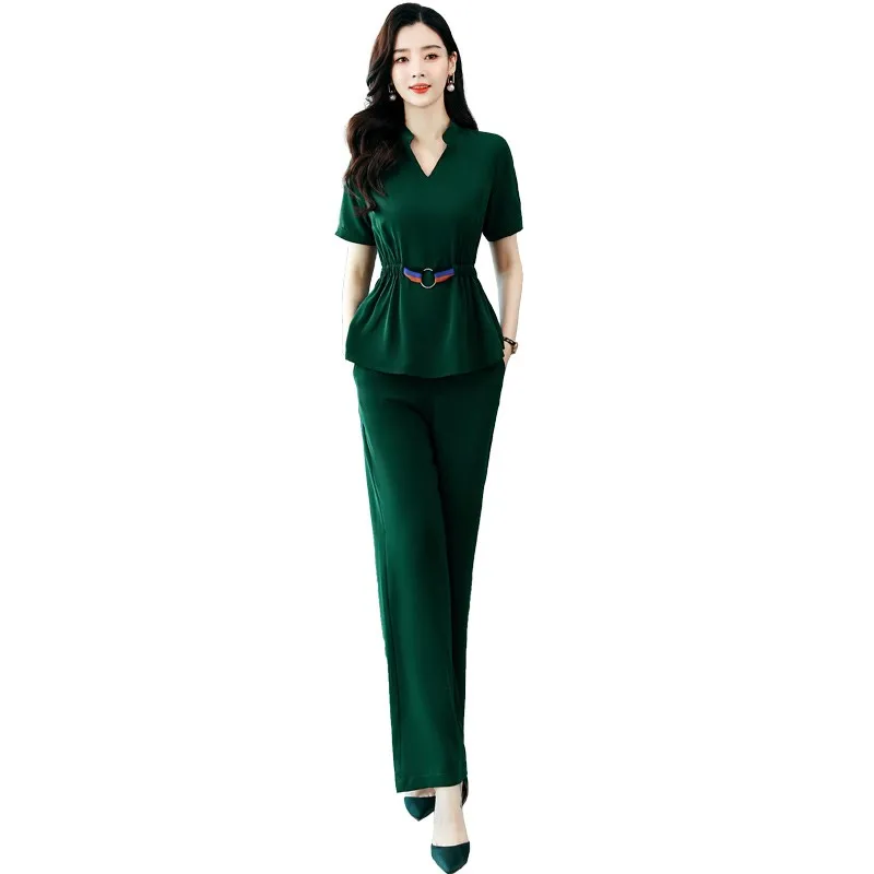 

Women Summer Pant Suits 2021 New Fashion Elegant Two Piece Set Women Blouse And Wide Leg trousers Set