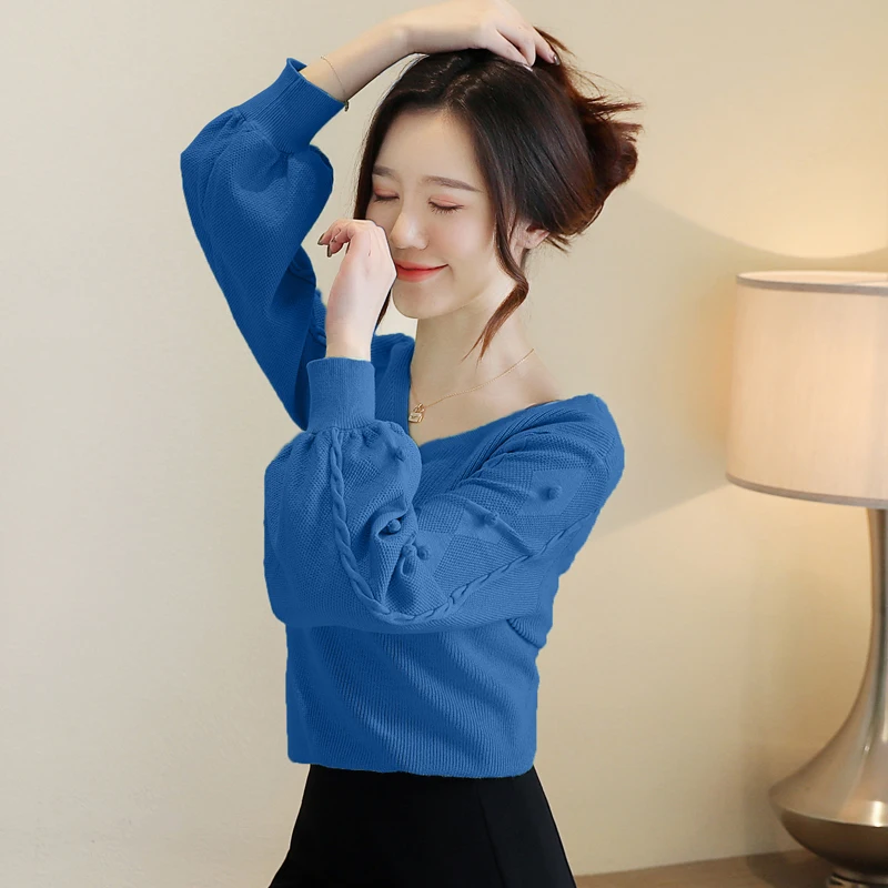 

New Elegant Fashion Women Autumn Winter Ball Knit Sweater Pullover Lantern Sleeve Base Shirt Tie Back Top