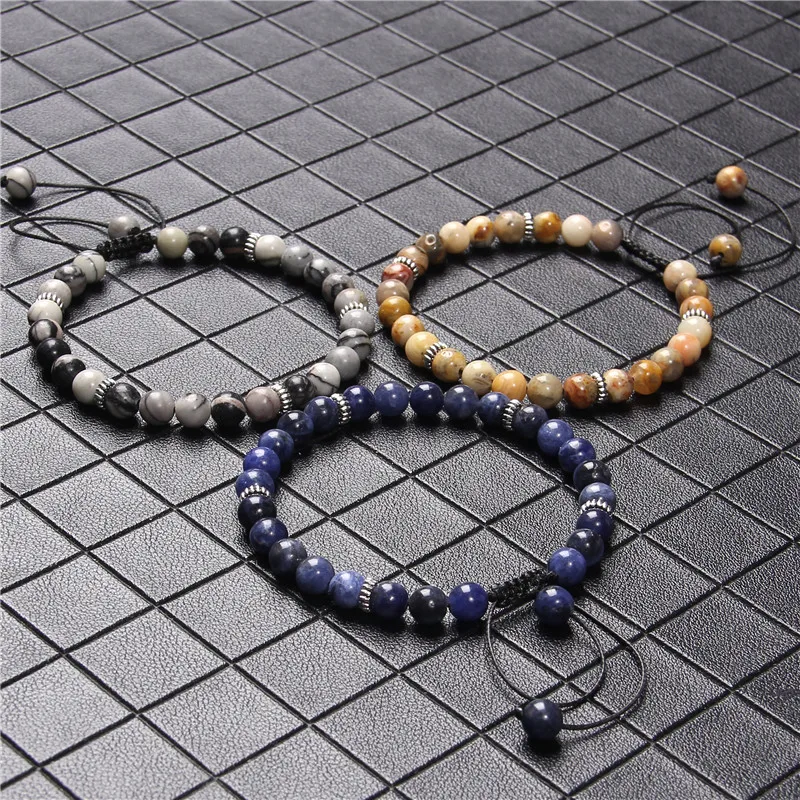 

Trendy Men's Bracelet 6mm Natural Indian Agates Stone Beads Bracelet Adjustable Beaded Braided Bracelet Jewelry for Women Men