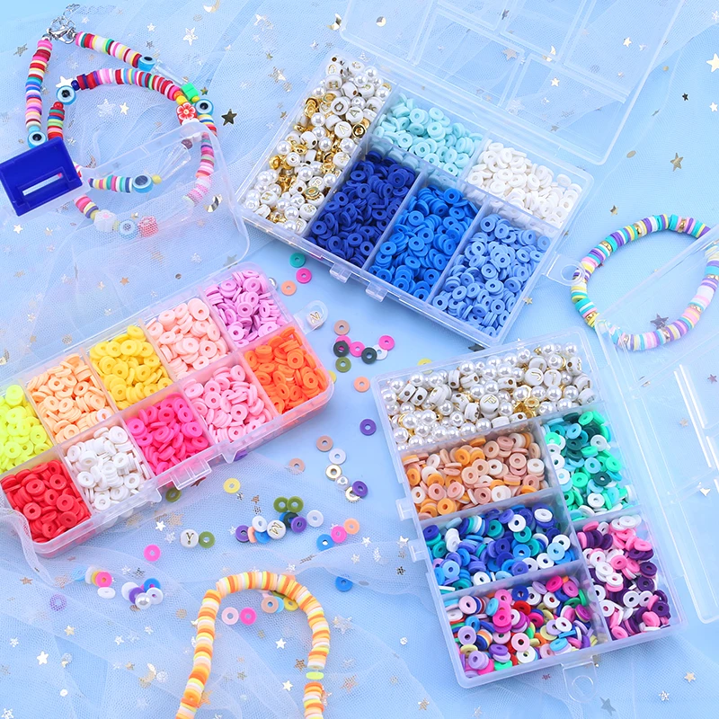 6mm Polymer Clay Beads Kit Flat Round Spacer Beads Kit with Alphabet Beads Pearls for Bracelets Necklace Making Jewelry DIY