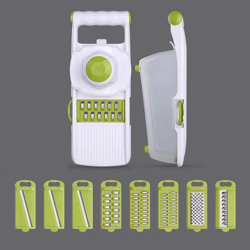 

Kitchen Manual Vegetable Cutter Slicer 8 One Stainless Steel Interchangeable Blades Mandoline Potato Peeler Carrot Grater Dicer