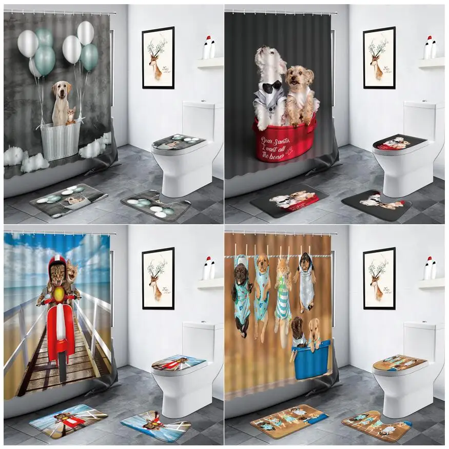 

Забавные животные Кошка Собака занавеска для душа воздушный шар милый питомец океанский пейзаж домашний Декор коврик для ванной комнаты не...