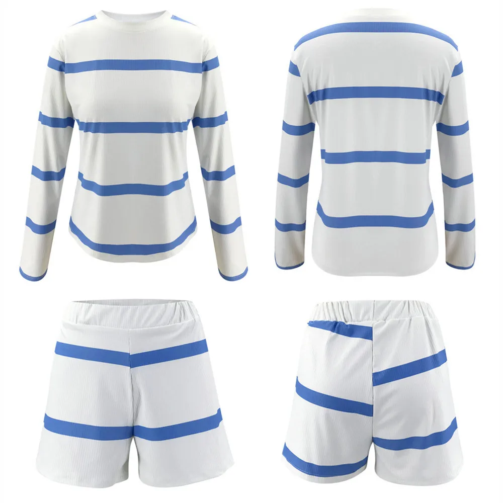

Autumn Stripe Women Tracksuit Sets Casual Long Sleeve O Neck Tops Female Suit 2020 New Elastic Waist Shorts Ladies 2 Pieces Sets