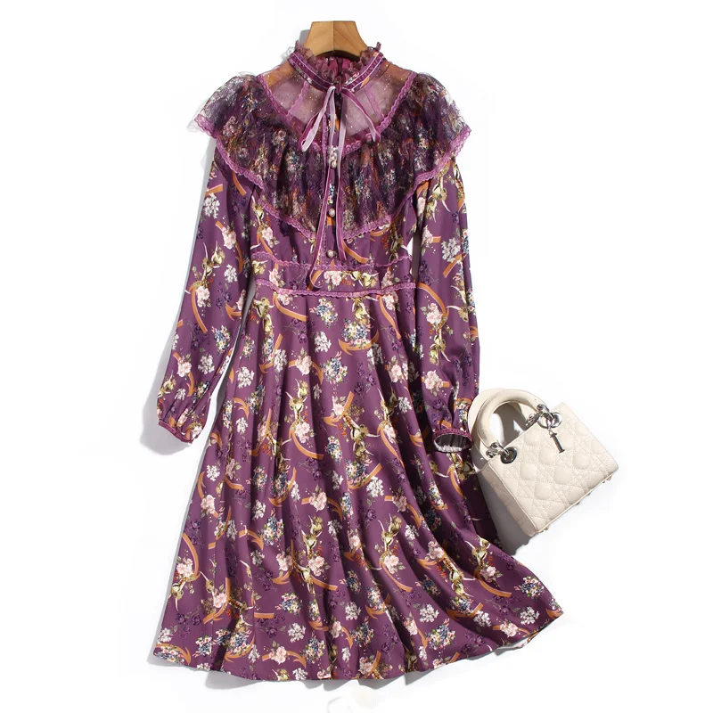 

Spring Autumn Designer New Velvet Bow Ribbons Lace Stitching Imitation Pearl Buttons Floral Casual Fashion Midi Dress