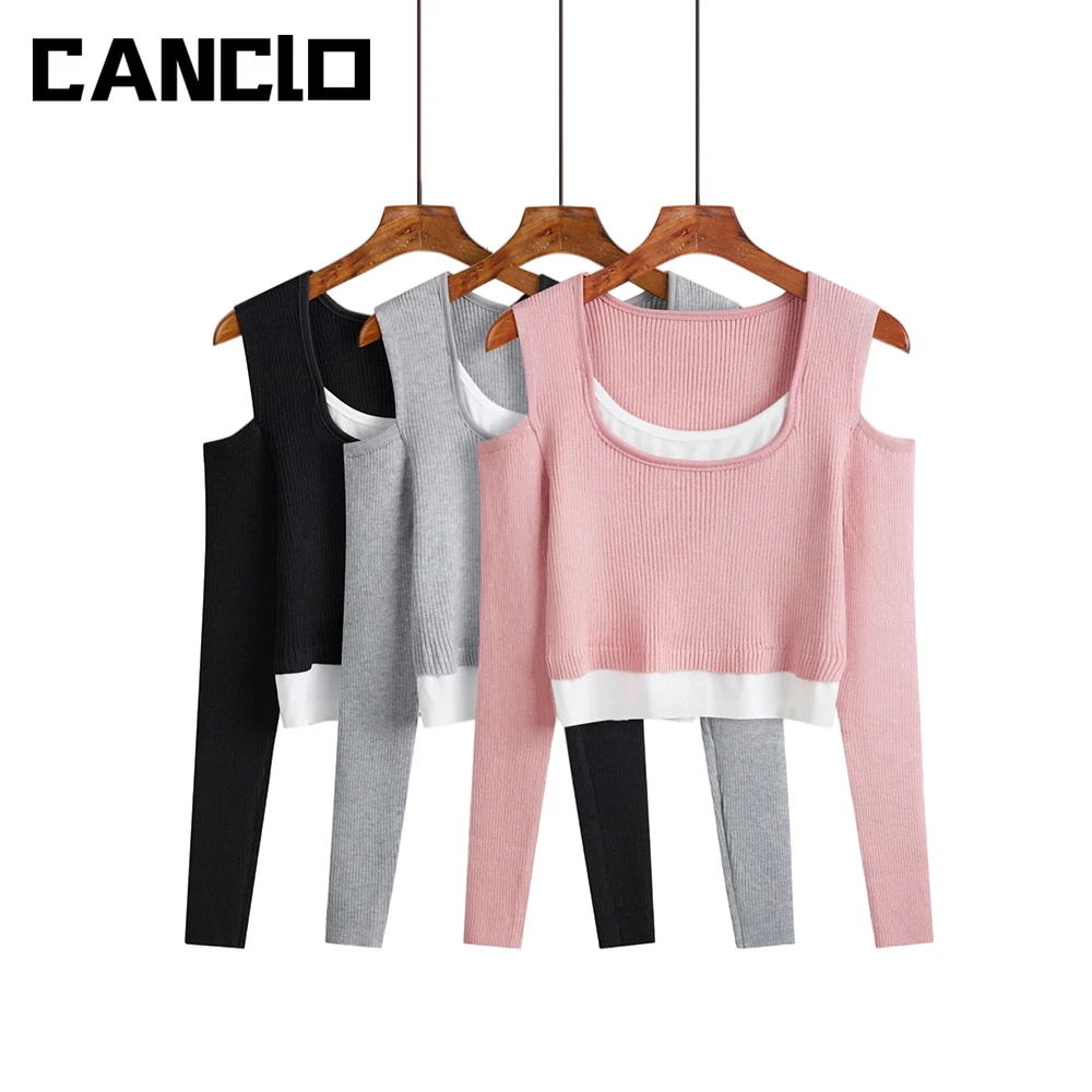 

Womens Clothing Spring Women Off Shoulder Knit Long Sleeve T Shirt Fake Two Pieces Thin Ribbed Crop Top Female Casual Tee Shirt