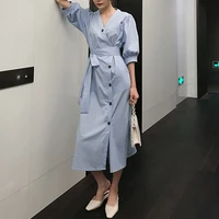 2021 spring summer korean fashion cotton dress elegant french temperament retro v neck bandage puff sleeve dresses blue gothic