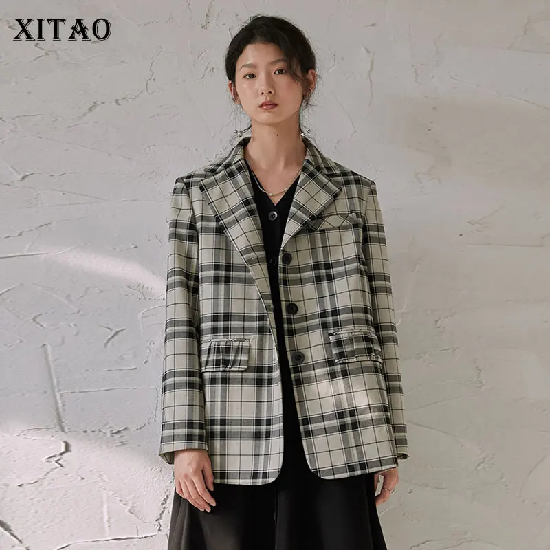 

XITAO Single Breasted Plaid Print Dress Women 2021 Autumn Personality Fashion Loose Urn-down Collar Full Sleeve Dress GWJ0852