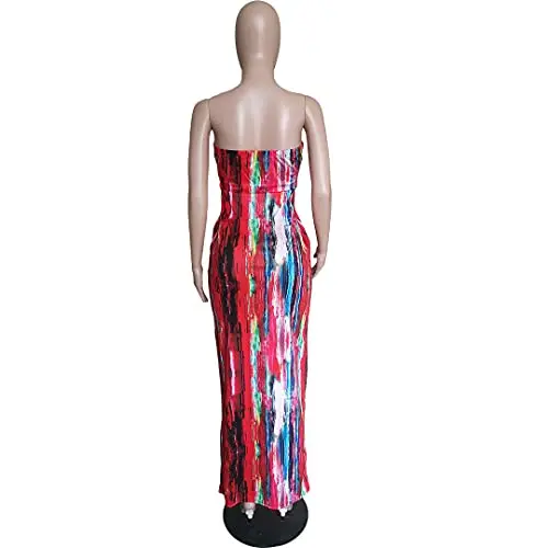 

Women Sexy Strapless Tie Dye Print Off Shoulder Tight Bodycon Long Pencil Maxi Dress