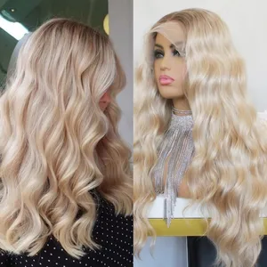 Ombre Blonde Natural Wave Synthetic Lace Wigs for Women 22inch Long Dark Roots Blonde Color Middle Part Heat Resistant Wigs