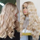 Парик с эффектом омбре блонд, натуральные волны, синтетические кружевные парики для женщин, 22 дюйма, длинные темные корни, блонд, средняя часть, термостойкие парики