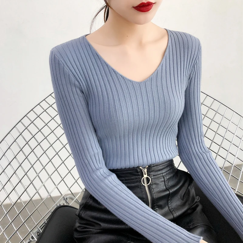 

2021 Autumn Solid Knitted Women Sweaters and Pullovers V-Neck Slim High Elastic Lady Elegant Pullovers Outwear Tops