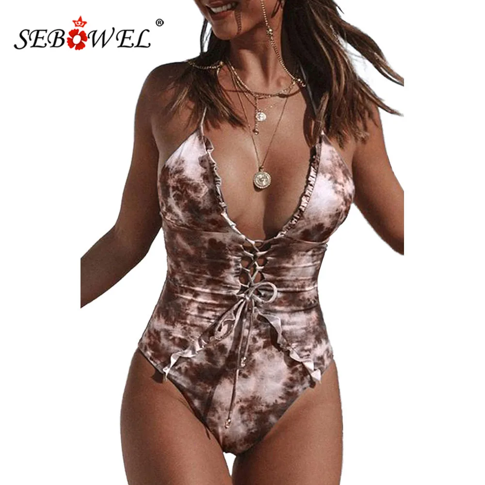 

SEBOWEL Summer Women's Halter Neck One-Piece Swimsuit Female Tie Dye Lace Up Front Plunging V Swimwear Beach Plus Size S-XXL