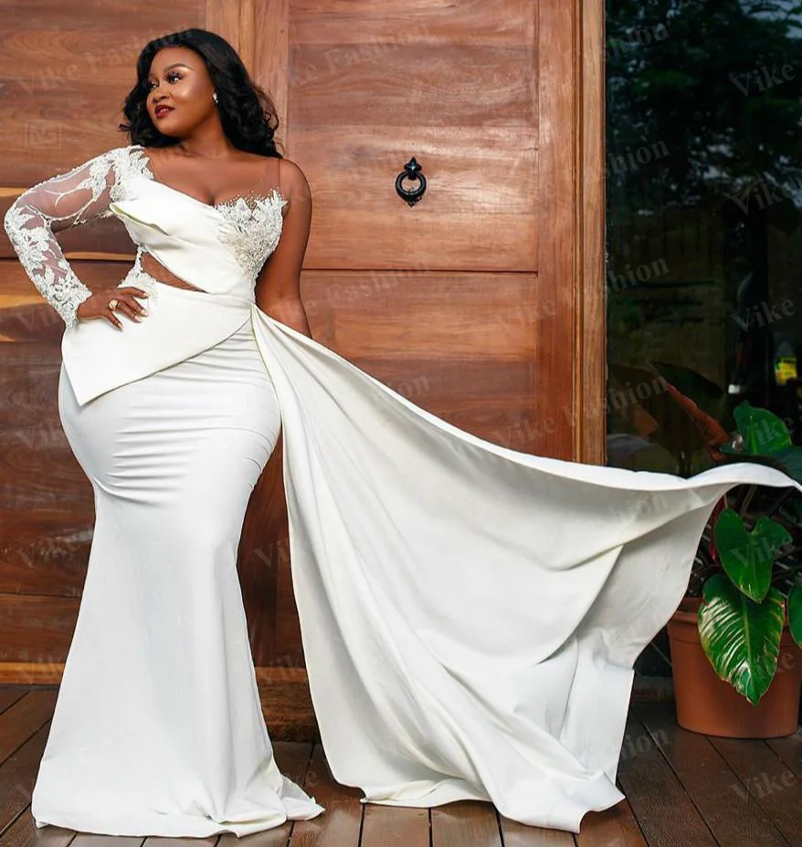 

2020 Plus Size Arabic Cheap Lace Beaded Wedding Dresses Deep V-neck Mermaid Bridal Dresses Long Sleeves Custom Wedding Gowns