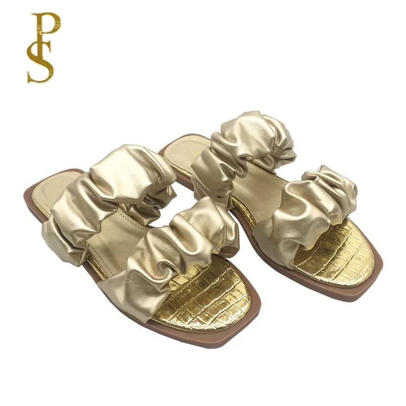 2021 новые женские тапочки на плоской подошве с открытым носком плиссированная