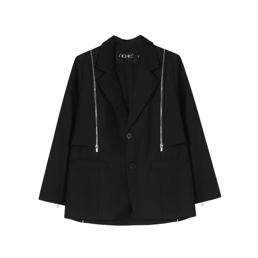 

Dark Black Mens Suit Coat Color Zipper Decoration Jacket Fall Single-breasted Loose Suit