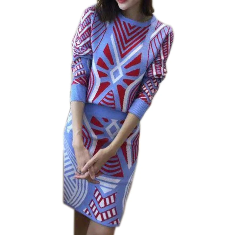 

ATKULLQZ 2019 Fashion woman suit New geometric plaid knit sweater + skirt 2-piece set long-sleeved sweater bag hip skirt female