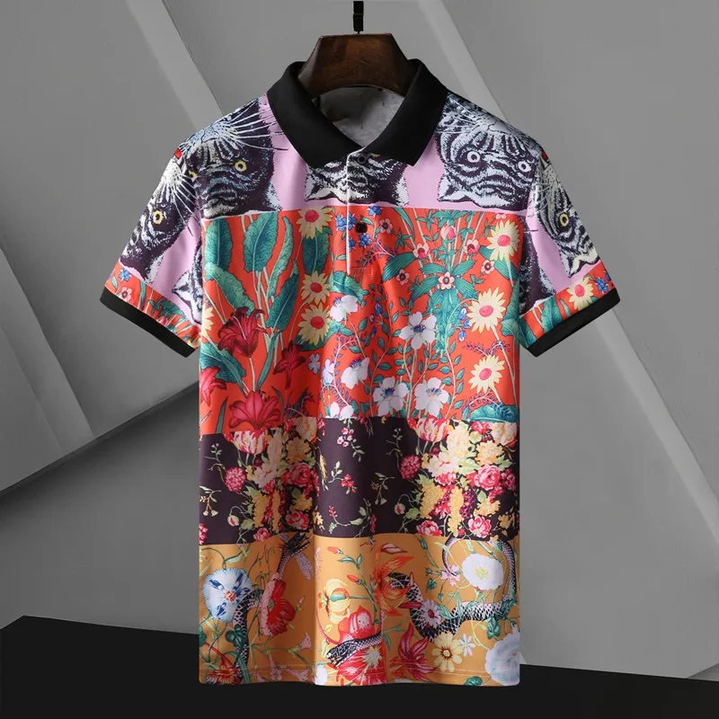 Рубашка-поло мужская с цветочным принтом блестящая эластичная - Цена: 1 313,84 руб.
