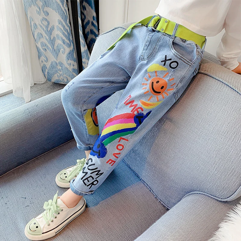 

Hot Deals Jeans For Teenage Girls Kids 8 12Yrs High Quality Graffiti Painting Print Casual Pants With A Rainbow Cartoon Trousers