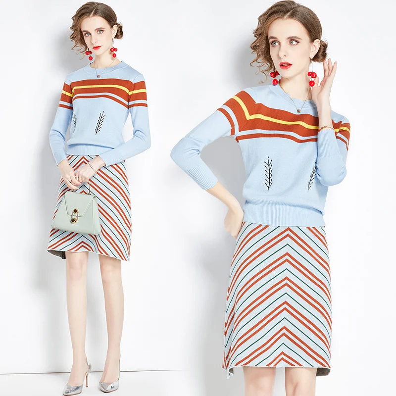 

Комплект из двух предметов для женщин, Офисная Леди, полностью Хлопковый вязаный осенний комплект, эластичная резинка на талии, рабочая оде...