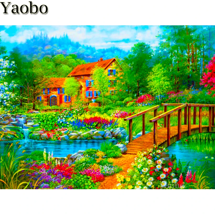 

Diy 5d алмазная картина, садовый мост, стразы, алмазная вышивка, домики из мозаики, декорации, полное сверление, квадратная круглая Вышивка кре...